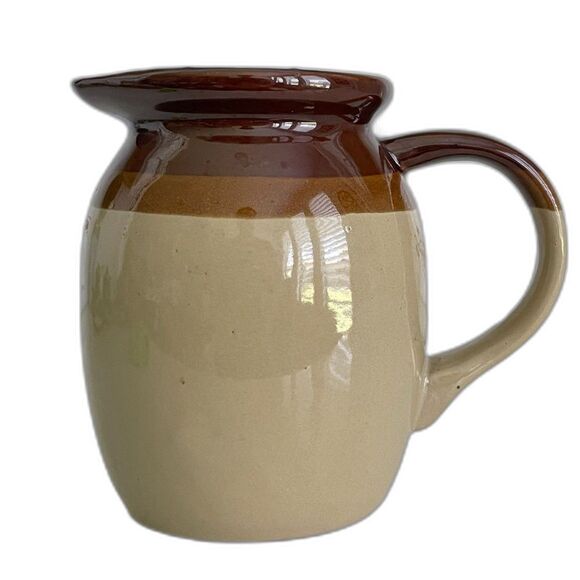 Traditional Vintage Two-Tone Brown Heavy Stoneware/Pottery Handled Pitcher 6" - Picture 1 of 9